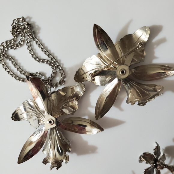 Coro Vintage 40's 50's orchid iris Parure set brooch earrings necklace silver - Picture 12 of 16